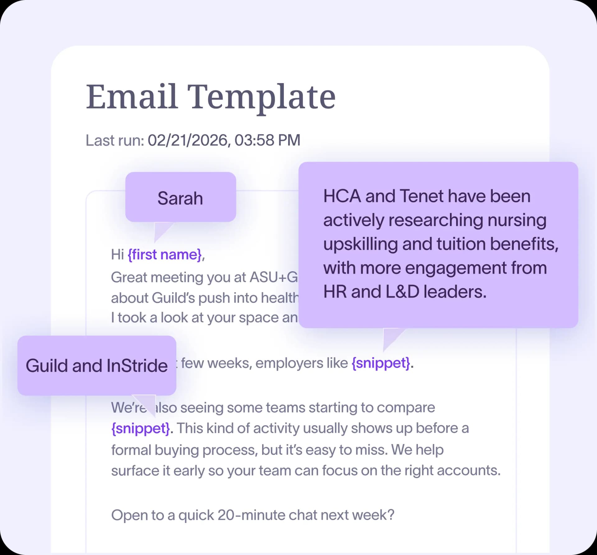 A Starbridge email template drafting a conference follow-up, its merge fields highlighted and callouts showing the account research filling each one